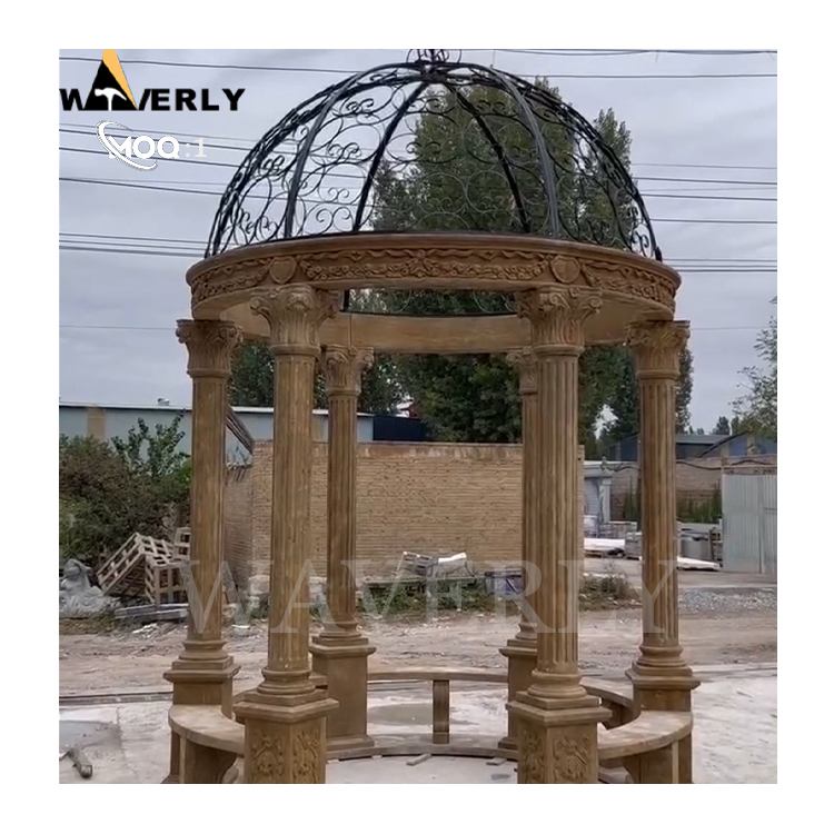 Hand Carved Design Courtyard Limestone Antique Gazebo   MAR24-1118-14