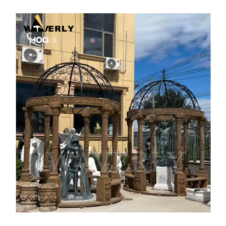 Hand Carved Design Courtyard Limestone Antique Gazebo   MAR24-1118-14