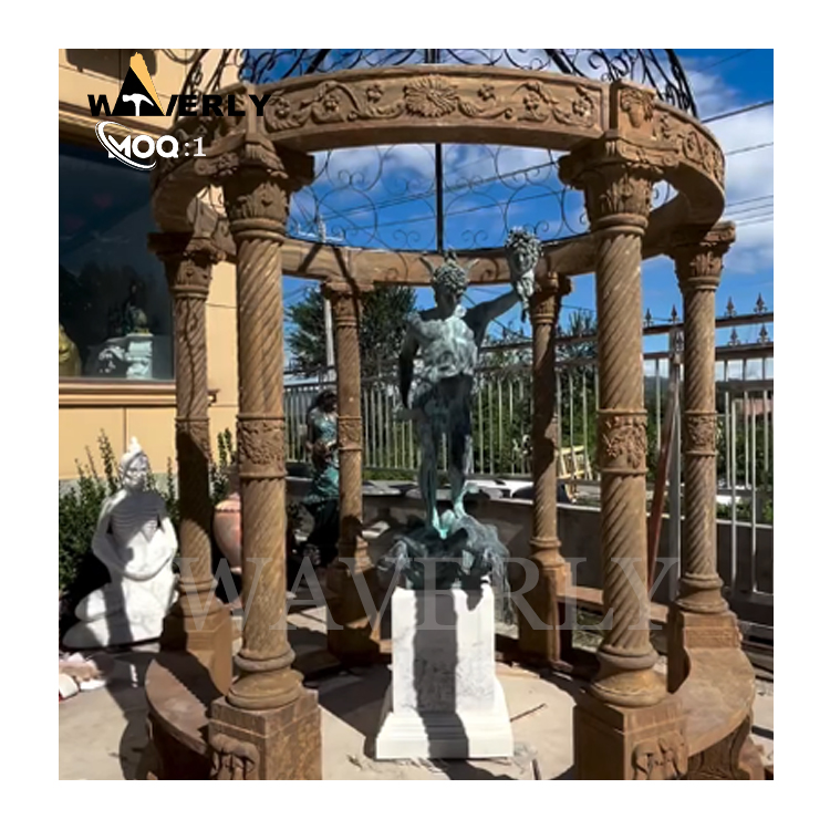 Hand Carved Design Courtyard Limestone Antique Gazebo   MAR24-1118-14