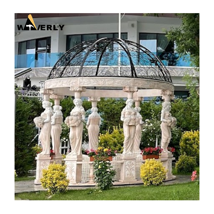 Custom Carved Greek White Marble Lady Statue Gazebo   MAR24-1118-15