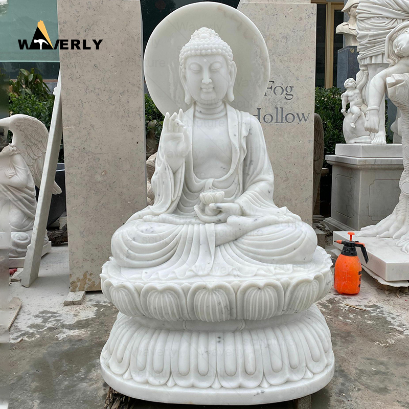 White Marble Sitting Gautama Buddha Statue Sculpture With Lotus Seat   CH24-112003