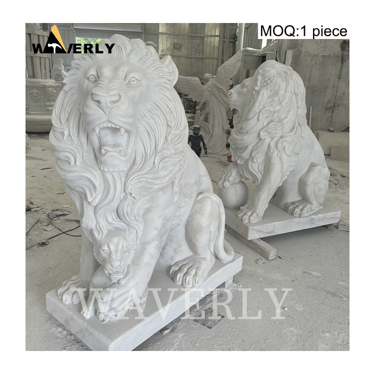 Hand Carved Luxury White Marble Lion Statue For Sale  MAR-1120-6