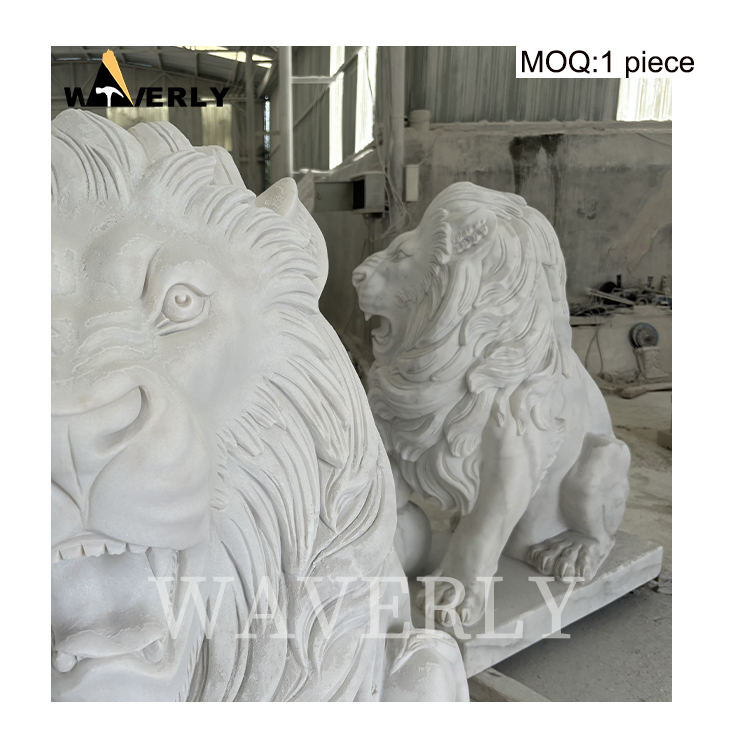 Hand Carved Luxury White Marble Lion Statue For Sale  MAR-1120-6