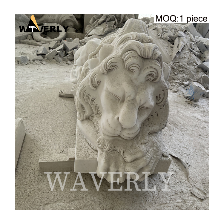 Hand Carved Marble Sleeping Lion Statue  MAR-1120-11