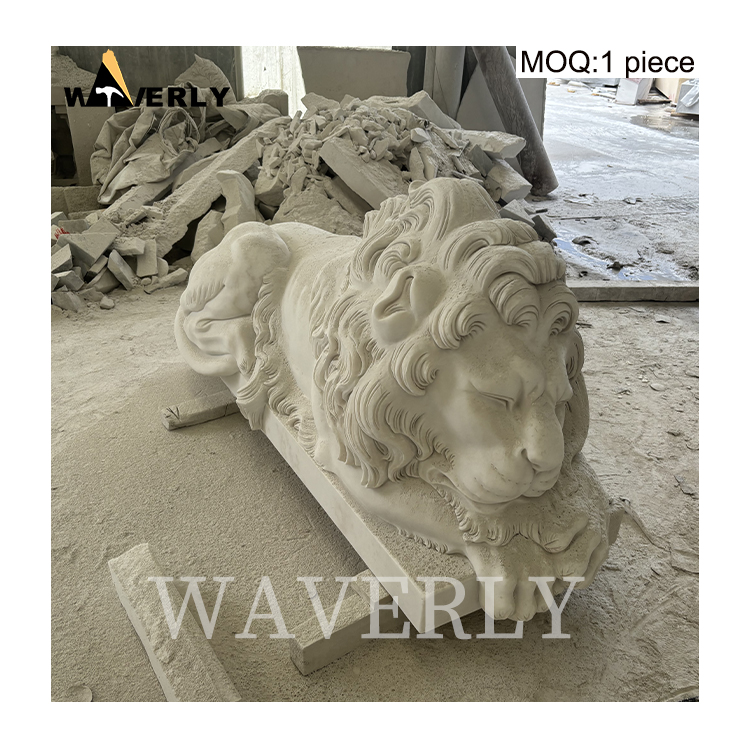 Hand Carved Marble Sleeping Lion Statue  MAR-1120-11