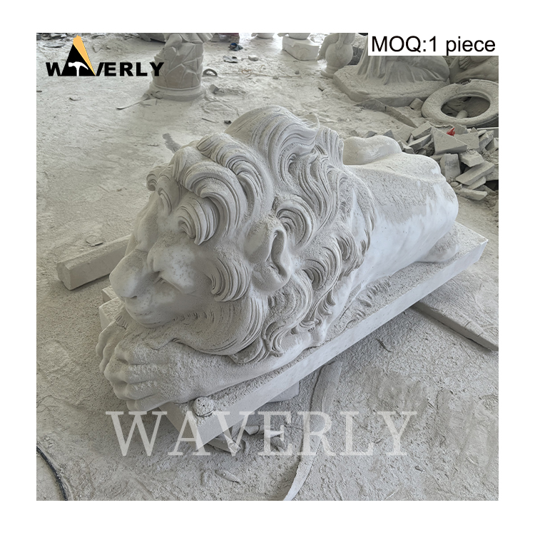 Hand Carved Marble Sleeping Lion Statue  MAR-1120-11