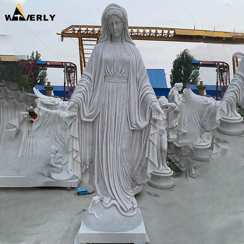 White natural stone virgin mary statue with base 24-112104