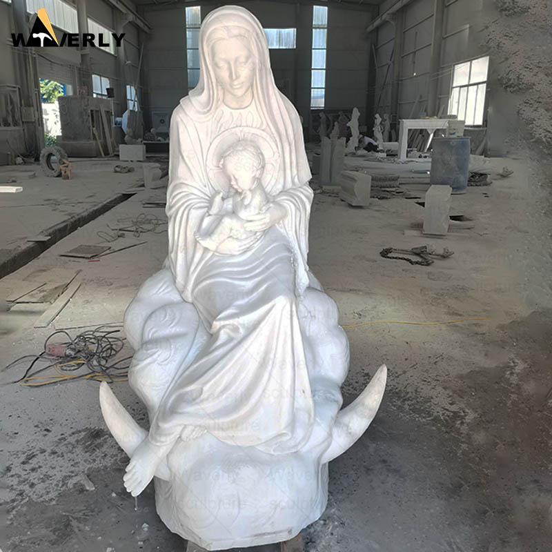 Custom Religious Figure Sitting Virgin Marble Holding Child Statue 24-112108