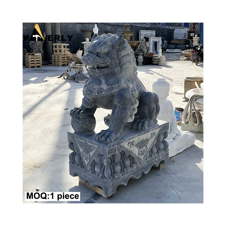 Custom design black life size foo dog stone statues ML24-112602