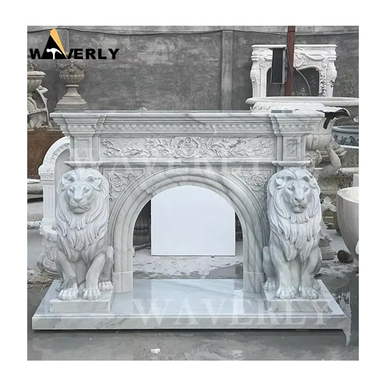 Indoor Luxury Decorative Marble Lion Sculpture Fireplace Surround MF-1128-24