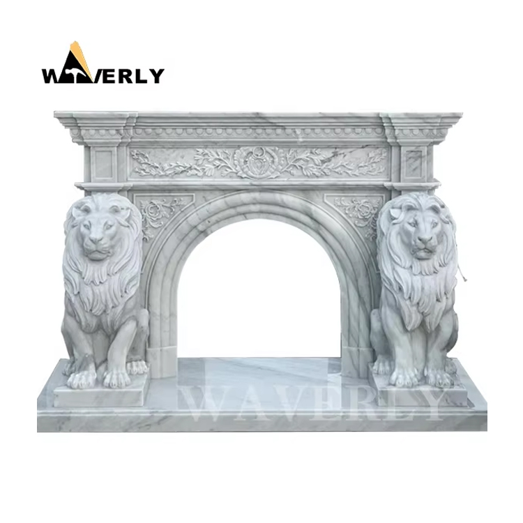 Indoor Luxury Decorative Marble Lion Sculpture Fireplace Surround MF-1128-24