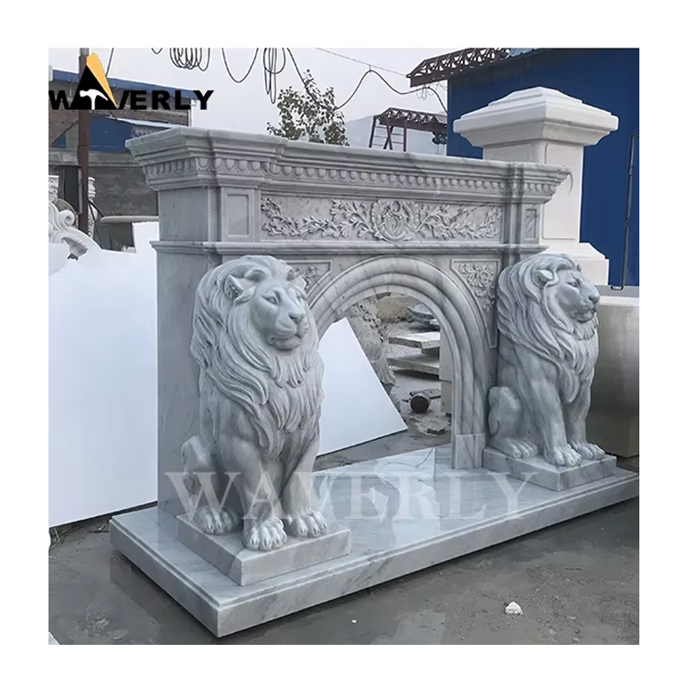 Indoor Luxury Decorative Marble Lion Sculpture Fireplace Surround MF-1128-24