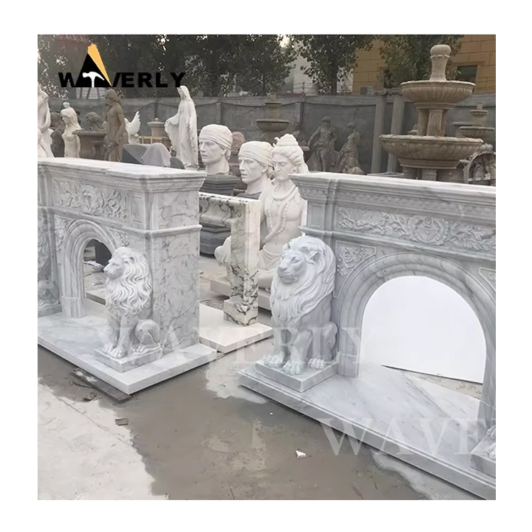 Indoor Luxury Decorative Marble Lion Sculpture Fireplace Surround MF-1128-24