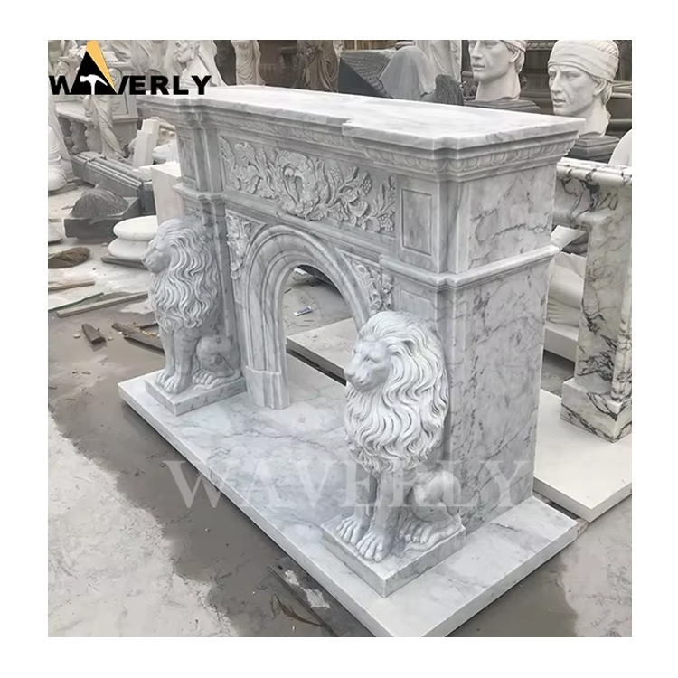 Indoor Luxury Decorative Marble Lion Sculpture Fireplace Surround MF-1128-24