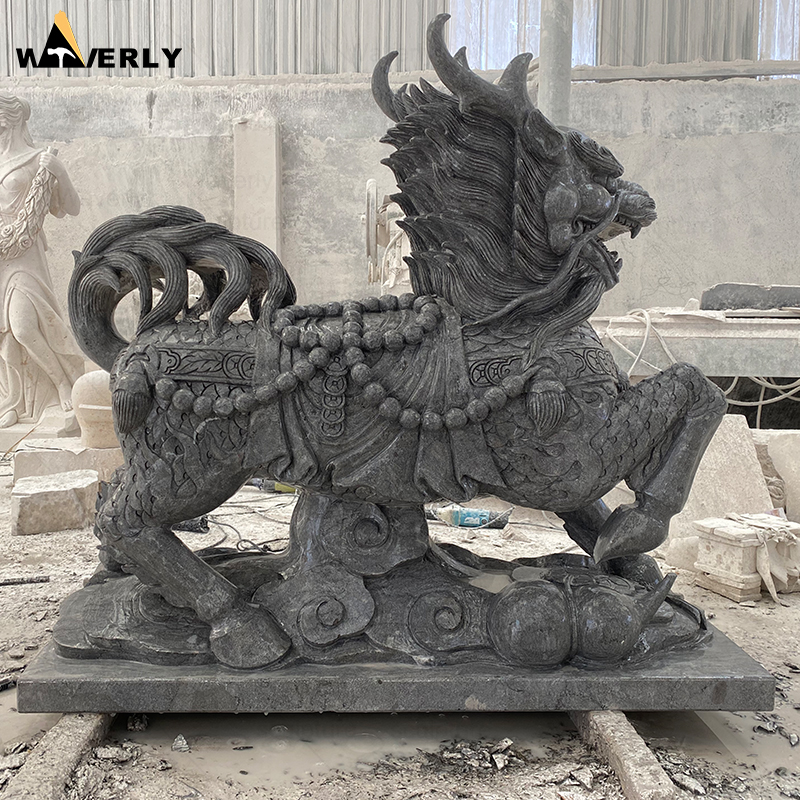 Large Size Hand Carved Granite Stone Qilin Kirin Statue With Base MF24-121202