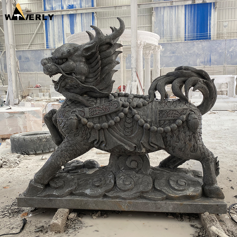 Large Size Hand Carved Granite Stone Qilin Kirin Statue With Base MF24-121202