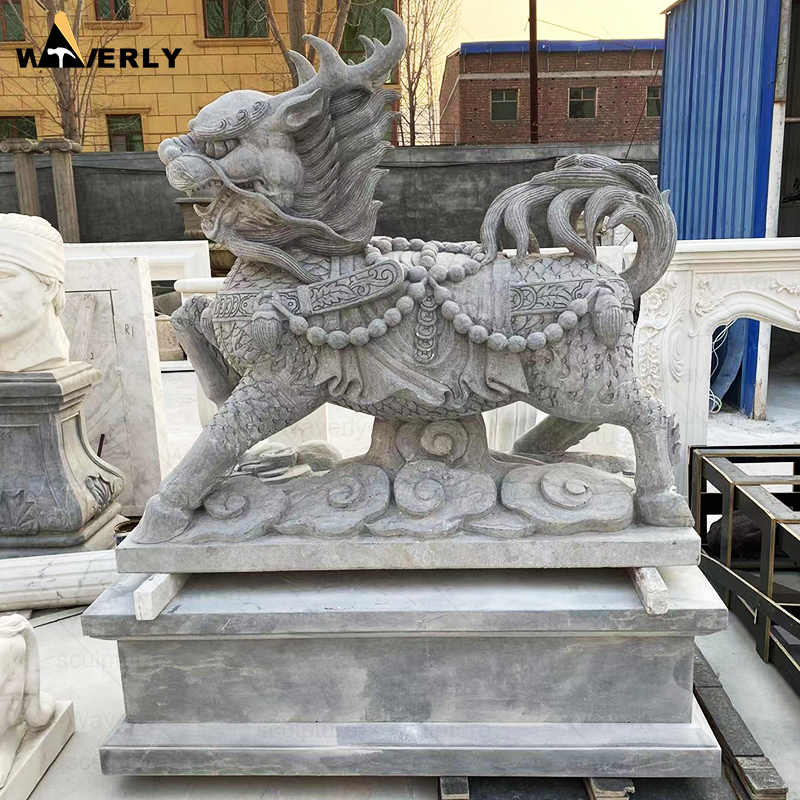 Large Size Hand Carved Granite Stone Qilin Kirin Statue With Base MF24-121202