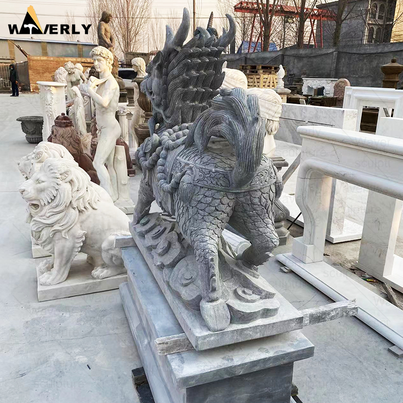 Large Size Hand Carved Granite Stone Qilin Kirin Statue With Base MF24-121202